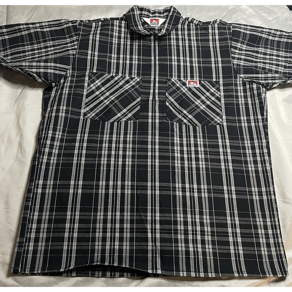 Ben Davis Shirt Mens Large Black Plaid Half 1/4 Zip Short Sleeve Casual Workwear
